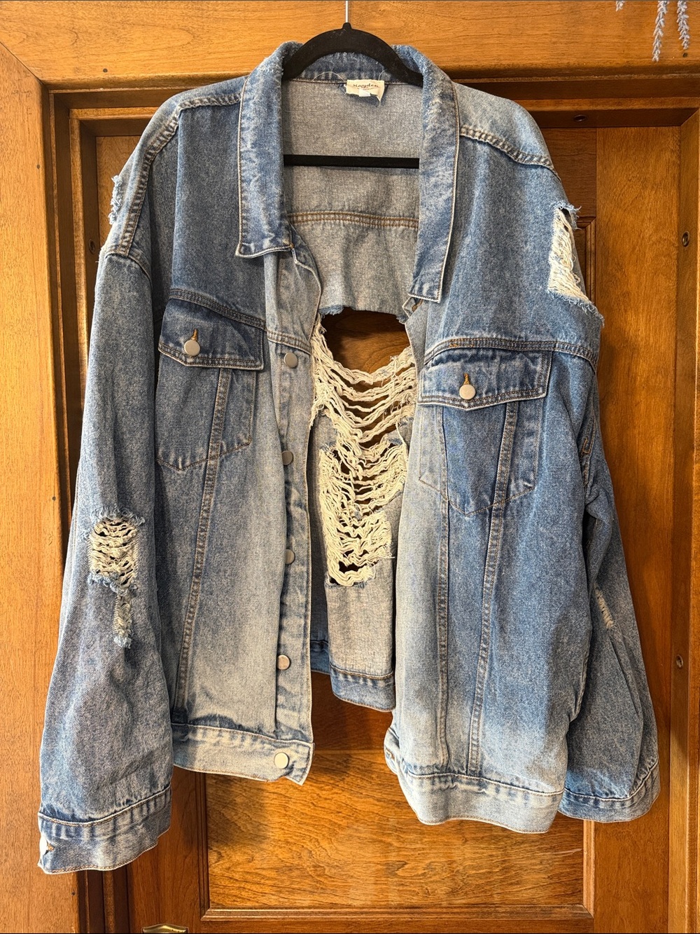 Light Blue Distressed Jean Jacket for Women - Oversized Casual Coat
